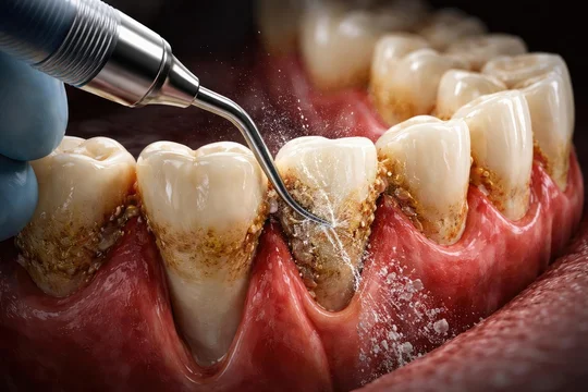 Close-up of dental scaling removing tartar along the gum line
